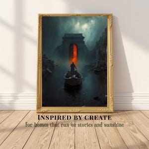 May include: A framed wall art print featuring a dark, moody landscape with a lone figure rowing a small boat toward a glowing red arched gateway in a stone structure. The artwork is encased in an ornate, metallic gold-colored decorative frame.