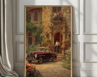 English Estate Arrival | Vintage Art with Classic Car, Old World Home Decor, Grandmillennial Style, Romantic European Estate Print