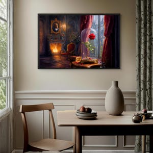 May include: A framed wall art print depicting a dark, ornate room with a fireplace, a portrait on the wall, and a single red rose enclosed in a glass cloche on a table. The scene features deep red curtains, warm lighting, and a vintage chair.