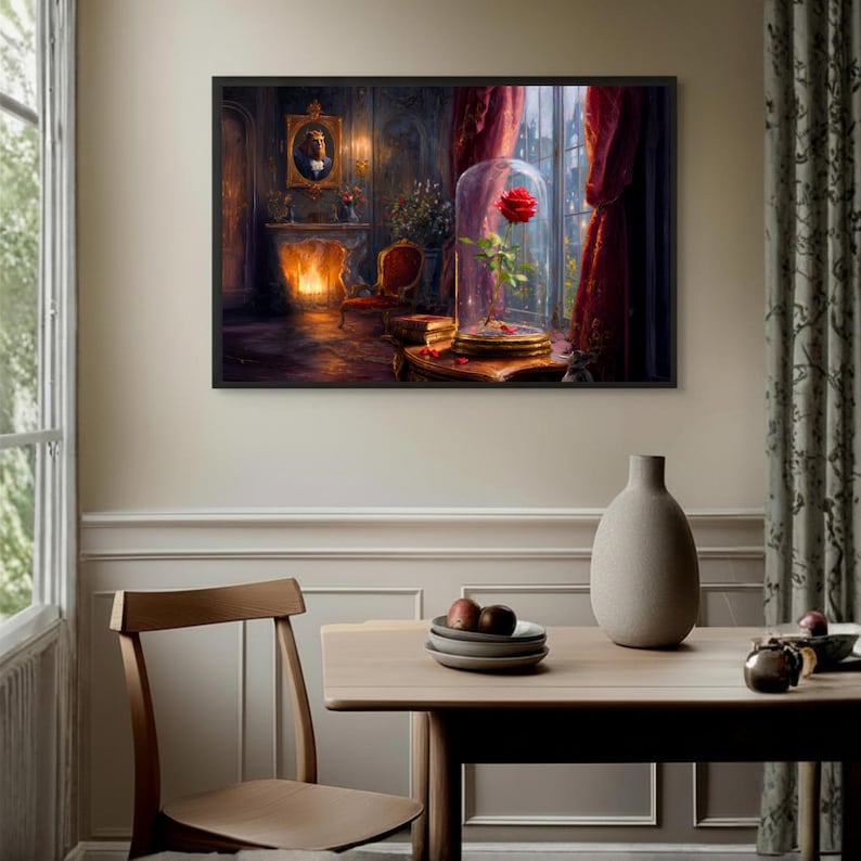 May include: A framed wall art print depicting a dark, ornate room with a fireplace, a portrait on the wall, and a single red rose enclosed in a glass cloche on a table. The scene features deep red curtains, warm lighting, and a vintage chair.