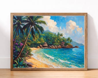 Tropical Island Escape Art | Polynesian Art, Palm Tree Ocean Landscape, Coastal Paradise Decor, Summer Vacation Art, Island Life