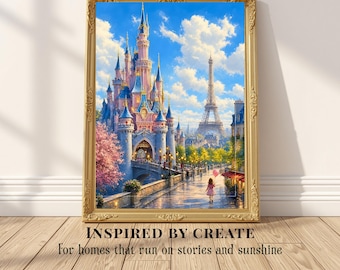 May include: A framed wall art print featuring a pink castle with blue turrets and the Eiffel Tower in the background under a bright blue sky with clouds. A small child in a pink dress holds a pink balloon on a stone bridge. Text reads: INSPIRED BY CREATE. For homes that run on stories and sunshine.