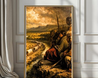 Historical Witness to the Crossing | Western Frontier Wagon Train, Fine Art Print, Historic Landscape Painting, Rustic Americana Wall Decor