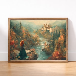 Puede incluir: Impresión artística enmarcada de un paisaje con una mujer pelirroja con un vestido verde, contemplando un río y un castillo. La obra de arte tiene una paleta de colores cálidos con follaje otoñal y un castillo detallado al fondo.