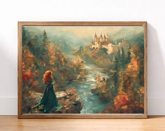 Highland Brave Princess | Scottish Fairytale Castle Art Print, Misty Highlands Landscape