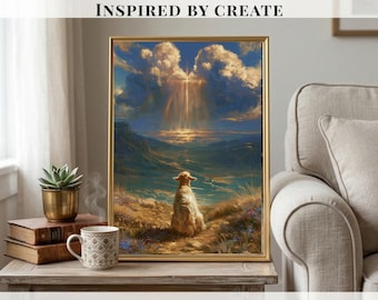 May include: A framed wall art print titled INSPIRED BY CREATE, depicting a lamb sitting on a grassy hill looking toward a bright light shining through clouds over a valley. The print is displayed on a wooden table with books and a mug.