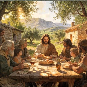 May include: A painting depicts a gathering around a wooden table set outdoors. Figures in robes and tunics are seated, with food and drink present. The scene is bathed in sunlight, with a backdrop of stone buildings, trees, and a mountain range.