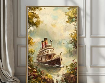 Riverboat Steamship Wall Art | Textured Fine Art Print, Impasto Style Landscape, Southern Bayou Scene, Vintage Nature Decor