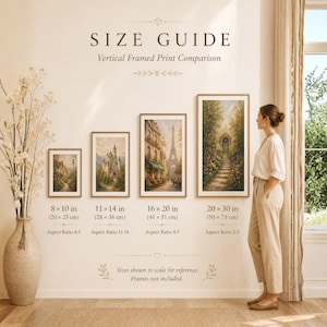 Puede incluir: Una gu&iacute;a de tama&ntilde;os para impresiones verticales enmarcadas que muestra cuatro obras de arte en una pared. Las etiquetas indican medidas de 20x25 cm a 50x75 cm con sus relaciones de aspecto. Las im&aacute;genes representan diversos paisajes y escenas.
