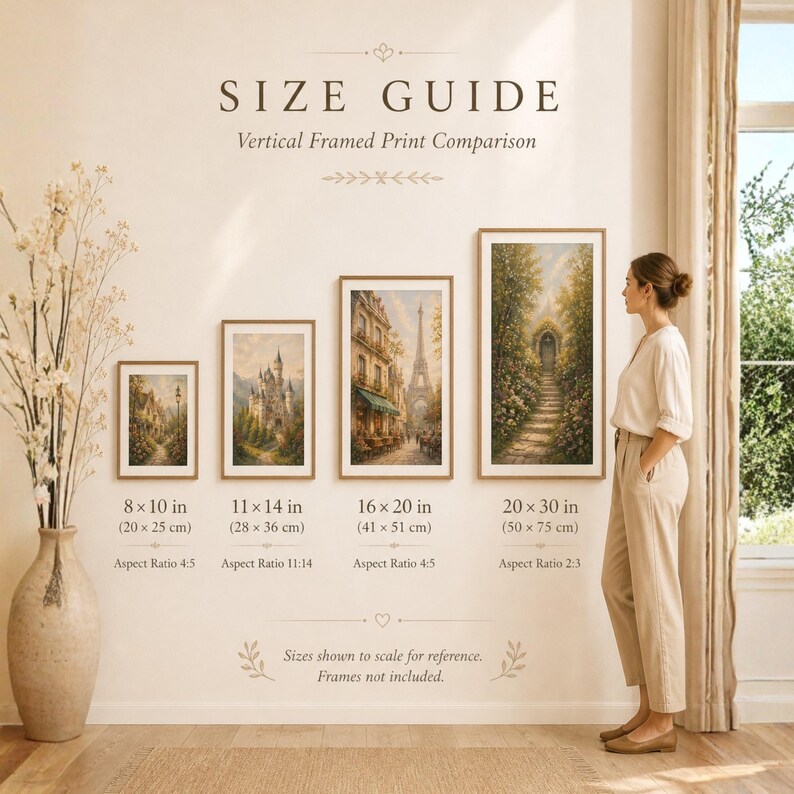 Puede incluir: Una gu&iacute;a de tama&ntilde;os para impresiones verticales enmarcadas que muestra cuatro obras de arte en una pared. Las etiquetas indican medidas de 20x25 cm a 50x75 cm con sus relaciones de aspecto. Las im&aacute;genes representan diversos paisajes y escenas.