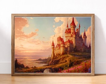 Coastal Castle | Fairytale Seaside Kingdom Wall Art, Romantic Fantasy Landscape Print, Cottagecore Castle Decor