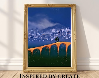 May include: A framed art print featuring a silhouette of a person and a dog walking across an orange, glowing arched bridge. In the background, a dark blue cityscape glows under a night sky. The text INSPIRED BY CREATE is printed below.