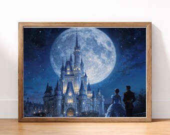 Midnight Fairytale Castle Art Print |Romantic Fairytale Kingdom Under a Full Moon | Princess Castle Wall Art | Storybook Fantasy Decor
