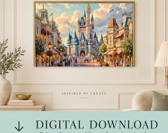 May include: A framed wall art print depicting a large fairy tale castle with blue spires and towers at the end of a street lined with buildings, street lamps, and trees under a cloudy sky. The text reads INSPIRED BY CREATE.