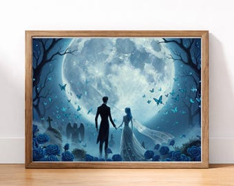 Lámina artística de amantes góticos a la luz de la luna / Arte mural de romance nupcial embrujado / Pareja de cuento de hadas oscuro bajo la luna azul / Decoración gótica romántica