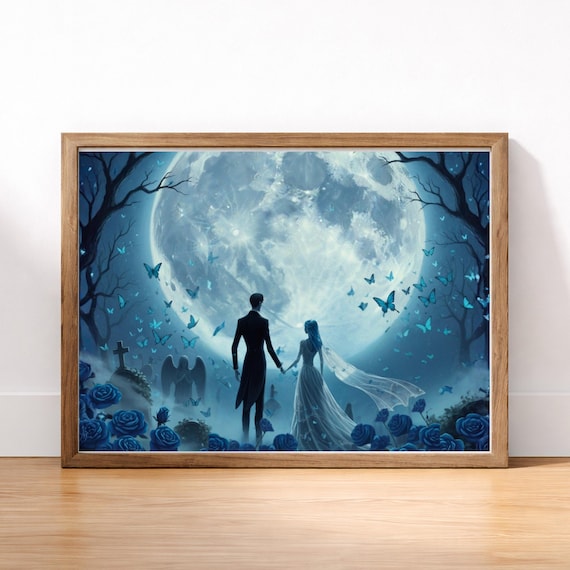 Gothic Moonlight Lovers Art Print | Haunted Wedding Romance Wall Art | Dark Fairytale Couple Under Blue Moon | Romantic Gothic Decor