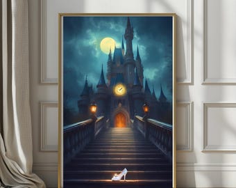 La scarpetta perduta / Quadro da parete del castello di Cenerentola / Stampa del castello delle fiabe / Opera d'arte della scarpetta di cristallo / Decorazione ispirata alle principesse