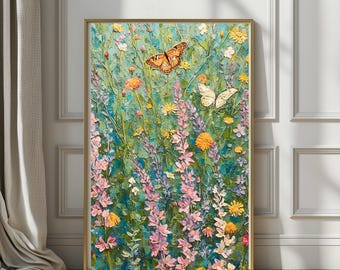 Ethereal Meadow | Wildflower Butterfly Wall Art, Textured Floral Print, Cottagecore Nature Decor, Impressionist Style, Printable Art