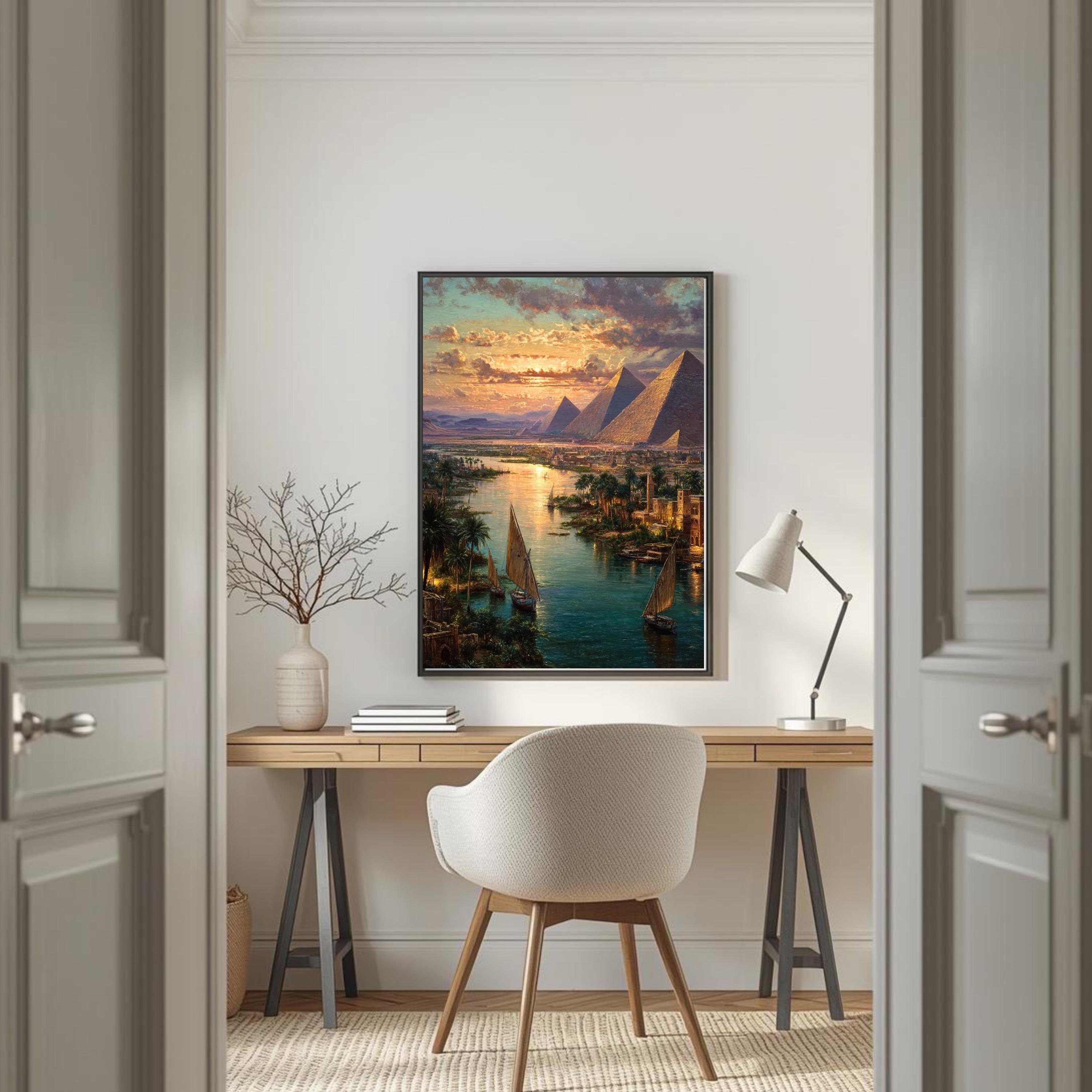 Pyramids of Giza Wall Art – Ancient Egypt Nile River Landscape Painting ...