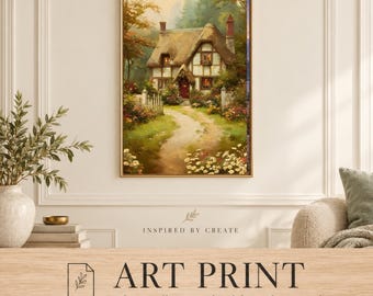 May include: A rectangular art print featuring a painting of a thatched-roof cottage with a red door, surrounded by a garden and trees. The scene includes a winding dirt path leading to the house, with warm lighting in the windows.