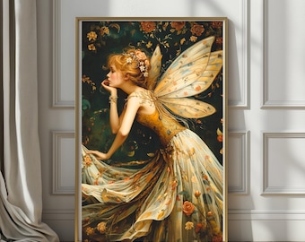 Daydream Reverie Fairy | Autumn Cottagecore Wall Art, Heirloom Fantasy Print, William Morris Style Botanical Decor, Romantic Decor