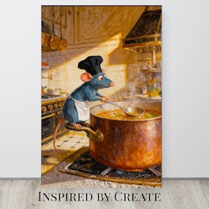 May include: A digital illustration of a blue rat wearing a white apron and a black chef hat, standing on a large copper pot while stirring a yellow soup with a silver ladle. The scene is set in a warm-toned kitchen with a stove and cookware.