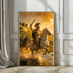 May include: Framed artwork depicting a Roman soldier on a white horse, raising a sword. The artwork features a golden color palette with other soldiers on horseback in the background. The soldier wears a helmet and armor, and the horse is splashing through water.