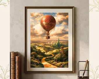 May include: A framed wall art print featuring a red and gold hot air balloon floating above a winding yellow path leading to a green city under a cloudy sky. The text To Oz! is printed in the upper left corner of the illustration.