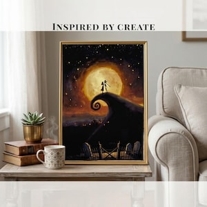 May include: A framed rectangular wall art print featuring a dark night scene with a large yellow moon, a silhouetted hill with a spiral top, and two figures standing on the peak. The text INSPIRED BY CREATE is printed above the artwork.