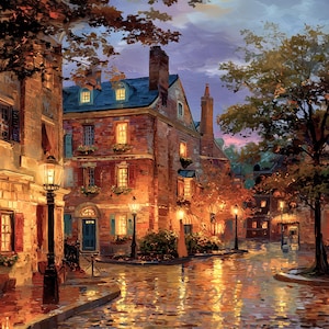 Koloniale stad | Muurkunst historisch dorp | Lantaarnverlichte geplaveide straat | Vroeg-Amerikaanse koloniale architectuur | Gezellige oude binnenstad print