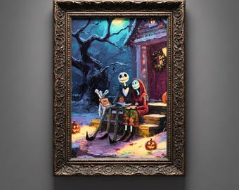 Midnight Frost & Pumpkins – Enchanted Holiday Crossover Couple Art Print | Cozy Gothic Christmas Wall Decor