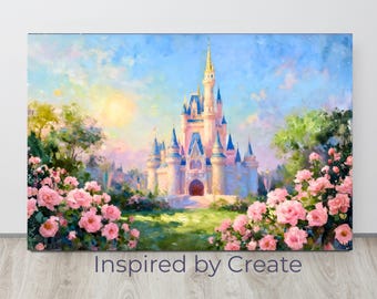 A Kingdom in Bloom | Canvas Fairytale Castle Wall Art, Dreamy Pastel Landscape, Ready to Hang Princess Room Decor