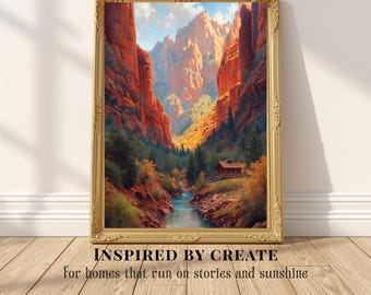 Canyon Home | Southwest Canyon Wall Art, Rustic Cabin Landscape Print, Western Red Rock Art, River Mountain Decor