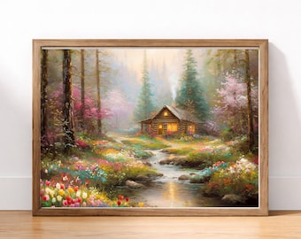 Mountain Cabin | Woodland Landscape, Fine Art  Print,  Spring Flowers, Stream & Warm Light,  Storybook Nature Wall Art