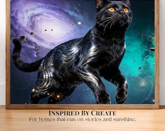 Gardienne du ciel nocturne | Art mural cosmique chat noir, impression galaxie céleste, décoration chat fantastique, oeuvre d'art animal étoilé surréaliste