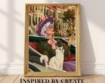 Paris Cat Wall Art, Vintage Carriage Ride Print, Whimsical White Cat Art, Storybook Decor for Cat Lovers