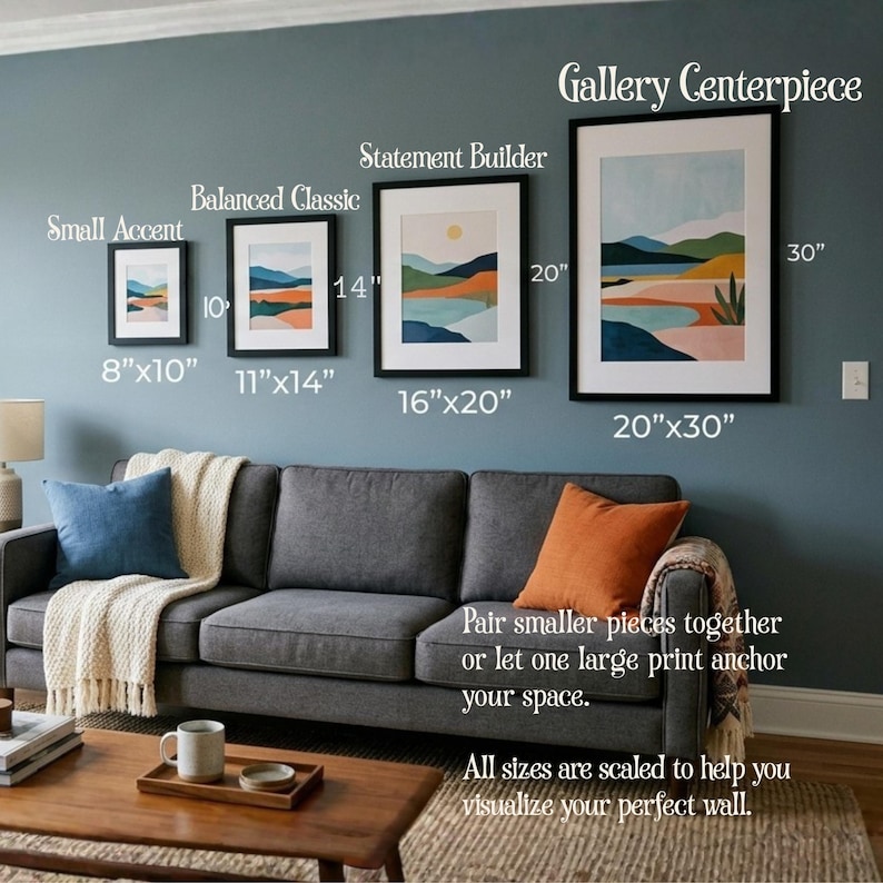 May include: A gallery wall arrangement featuring four framed art prints with abstract landscape designs. Sizes range from 8"x10" to 20"x30". The prints are displayed above a gray sofa with colorful pillows. Text on the wall reads "Gallery Centerpiece".