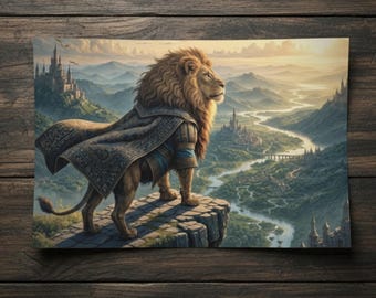 Arte mural de fantasía con león majestuoso / Estampado animal regio / Decoración de reino medieval