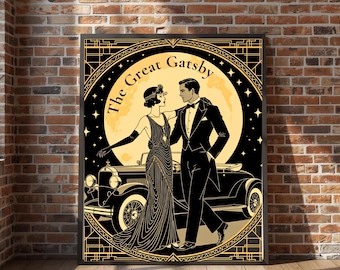 Impression inspirée du Great Gatsby | Décoration murale couple Art déco | Affiche romantique des années 1920 | Décoration littéraire vintage | Art noir et or élégant