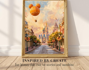 Autumn Magic | Fall Theme Park Castle Wall Art | Pumpkin Balloon Print | Cozy Autumn Decor | Storybook Fantasy Poster