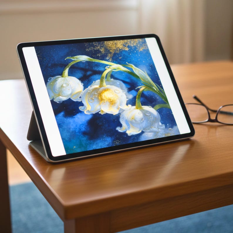 May include: A digital tablet displaying a watercolor painting of white flowers with yellow centers against a blue and gold background. The tablet is propped up on a wooden table, with a pair of glasses resting nearby.