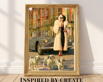 May include: A framed wall art print featuring a person in a white fur coat and black dress standing next to a black and white striped convertible car. Three spotted Dalmatian puppies stand in the foreground. The background shows city buildings.