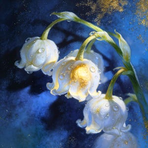 May include: A digital painting of white lily of the valley flowers with water droplets, set against a dark blue background. The flowers have a golden center and are illuminated with soft light, creating a dreamy and ethereal feel.