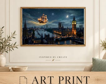 May include: A rectangular wall art print featuring a night scene of London with the Big Ben clock tower illuminated, a river flowing through the city, and a glowing sailing ship flying through the starry sky above the cityscape.