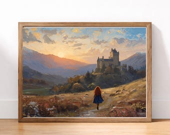 Brave Journey in the Scottish Highlands Impasto | Princess Merida palette knife painting | Textured landscape wall art | Castle at sunset