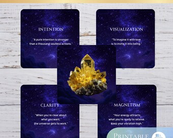 May include: A set of 44 manifestation oracle cards. Each card features a dark blue starry background with a quote and a central image of a golden crystal. The cards are labeled with words like "Intention" and "Visualization". The words "Printable English" are also visible.