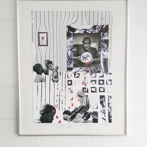 May include: Framed artwork featuring a collage of black and white photographs and graphic elements. The collage includes images of people, a man holding a plate with an elephant, and red droplet shapes. The artwork is signed.