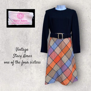 Vintage 1960s MOD DRESS in Black & Plaid with Long Sleeves by Stacy Ames one of the four sisters