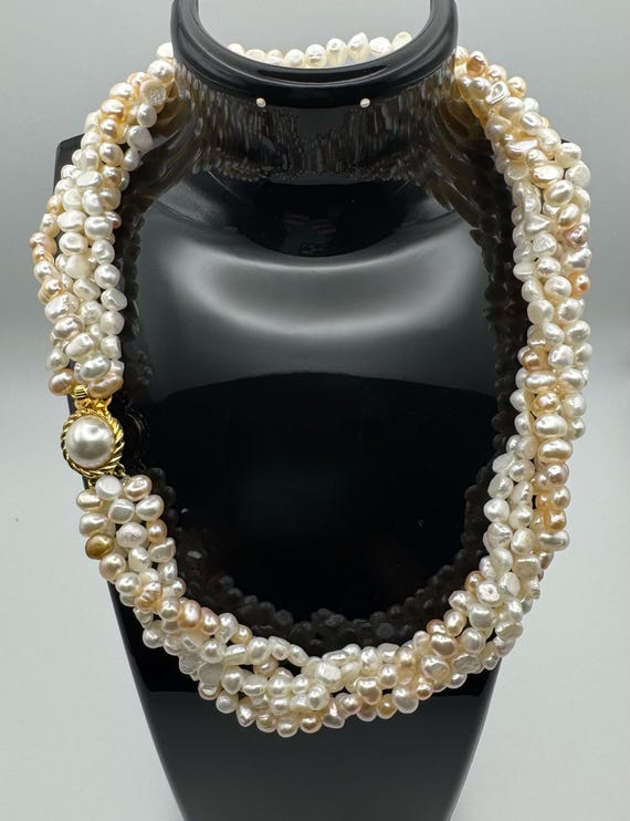 Vintage 1960's 5-Strand Genuine Fresh Water Pearl Necklace 17" - Very Soft pink and Beige Pearls