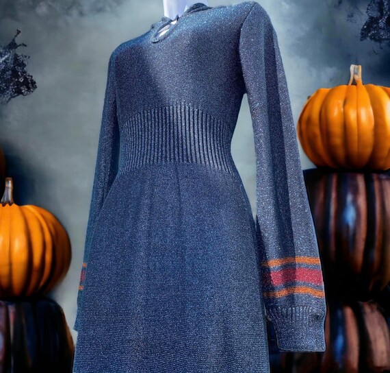 Vintage 1970s Made in Hong Kong, Womens Iconic Hooded Maxi Dress in Metallic Blue Knit - GORGEOUS!